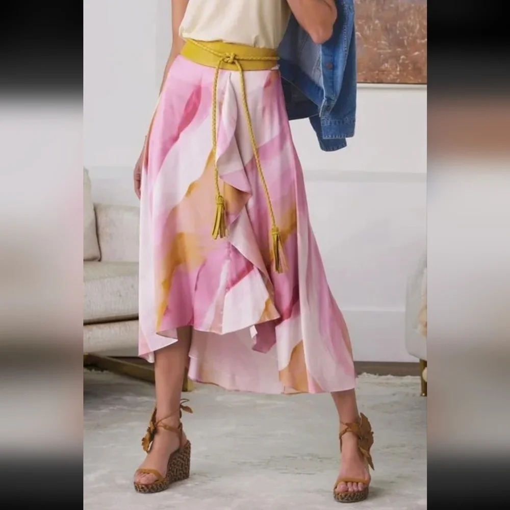 SOFT SURROUNDINGS S Diadem Feminine Watercolor Abstract Print Midi Skirt Ruffled